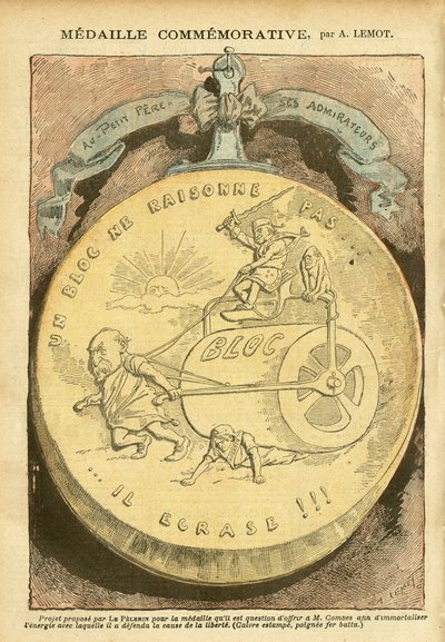 Illustration de Achille Lemot (1846-1909) dans Le Pèlerin, 26/02/05 - Médaille commémorative - Antimaçonnisme Franc-maçonnerie, Affaire des fiches, Bloc des gauches - Combes Emile (1835-1921), Marianne - Casserole - Achille Lemot