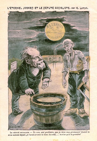 Député socialiste promettant la lune (retraite) à un pauvre prolétaire (charpentier), dans Le Pèlerin, hebdomadaire catholique N°1391 du 30 août 1903 par A. Lemot - Achille Lemot