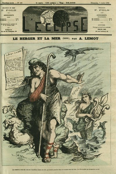 Le Berger et la Mer illustre une fable pour remplacer le dessin de Gill « Les Grenouilles qui demandent un roi » interdit par la censure. Couverture dans « L