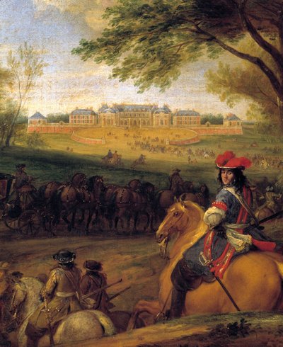 Arrivée du roi Louis XIV (1638-1715) précédé des gardes du corps en vue de l