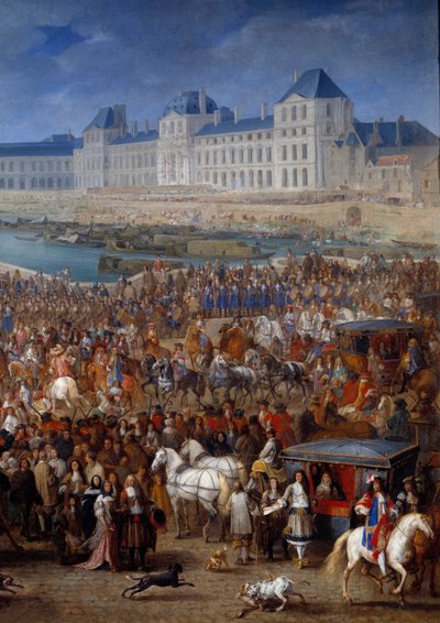 Cour et bâtards (détail de Louis XIV traversant le Pont Neuf en carrosse) - Adam Frans van der Meulen