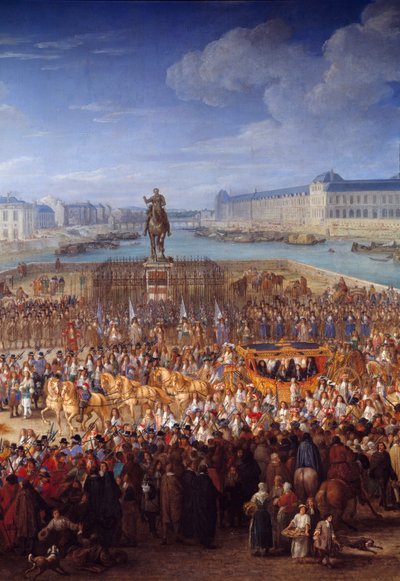 Carrosse royal. Détail central de Louis XIV (1638-1715) traversant le Pont Neuf dans son carrosse. Peinture d