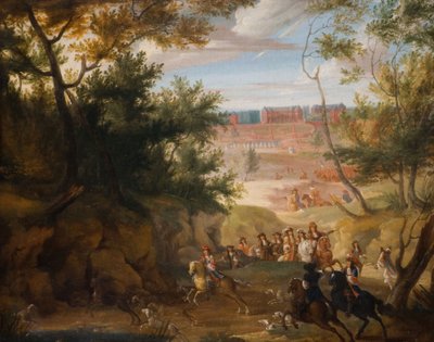 Vue de Versailles avec Louis XIV et chasseurs, 1700 - Adam Frans van der Meulen