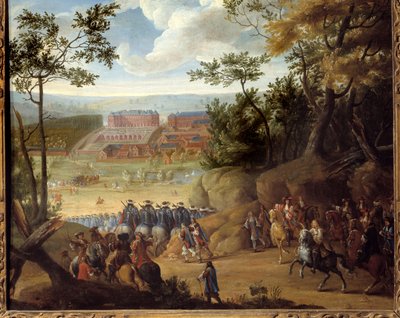 Vue de Versailles en 1664 avec le roi de France Louis XIV (1638-1715) et une compagnie de mousquetaires. Peinture par Adams Frans Van der Meulen (1632-1690) - Adam Frans van der Meulen