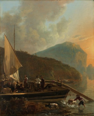 Paysage fluvial italianisant Un bateau sur la rive d