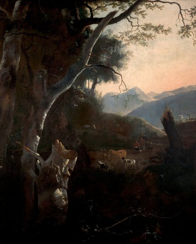 Paysage montagneux avec paysans, vaches et chèvres - Adam Pynacker