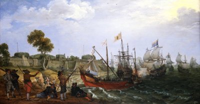 Une escadre de guerre néerlandaise attaquant une forteresse coloniale espagnole, défendue par des bateaux - Adam Willaerts