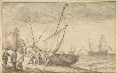 Pêcheurs tirant leur bateau sur le rivage - Adam Willaerts