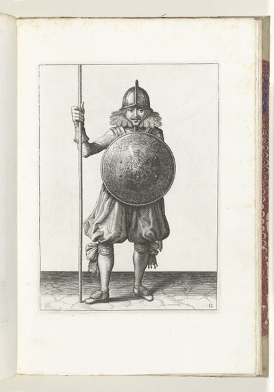 Exercice avec bouclier et lance : le soldat ramène la lance en position de repos en trois temps, troisième mouvement (n° 12), 1618 - Adam van Breen