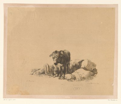 Âne debout devant un chien couché et un homme endormi (Zes prenten naar tekeningen van Adam von Bartsch in de verzameling van Heinrich Xaver Ritter von Hauer, Six estampes gravées par Adam de Bartsch d