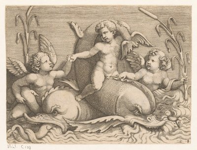 Trois putti avec des dauphins - Adamo Scultori