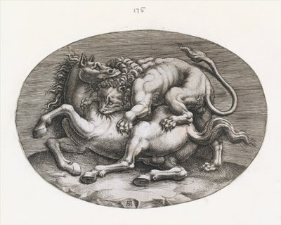Speculum Romanae Magnificentiae : Lion attaquant un cheval, vers 1540-80 - Adamo Scultori