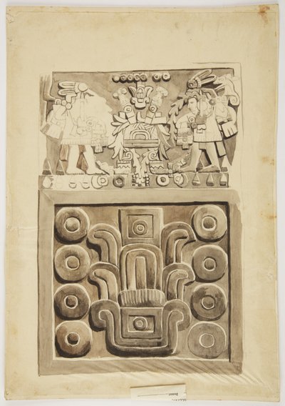 Relief en pierre de Mexico montrant en haut, deux figures de guerriers faisant face à une 