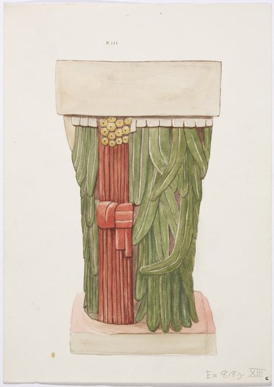 Caryatide de la chambre extérieure, Temple A, Temple du terrain de jeu de balle, Chichen Itza, Mexique (aquarelle) - Adela Breton