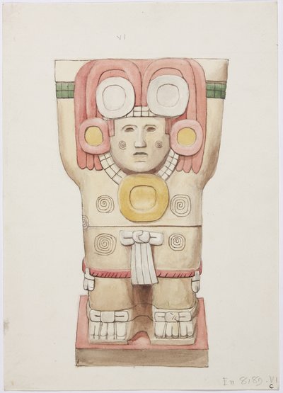Caryatide de la chambre extérieure, Temple A, terrain de jeu de balle, Chichen Itza, Mexique (aquarelle) - Adela Breton