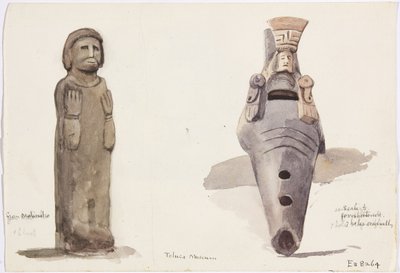 Figures en pierre de Malinalco, Toluca, Mexique (aquarelle) - Adela Breton