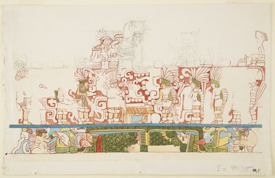 Relief en pierre du centre du mur nord, bâtiment nord C, terrain de jeu de balle, Chichen Itza, Mexique - Adela Breton