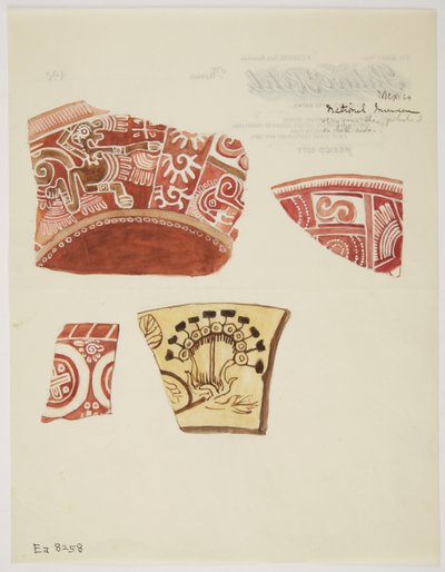 Trois fragments de poterie rouge avec des motifs incluant une figure de dragon courant en blanc, et un fragment de poterie beige avec un motif en brun - Adela Breton
