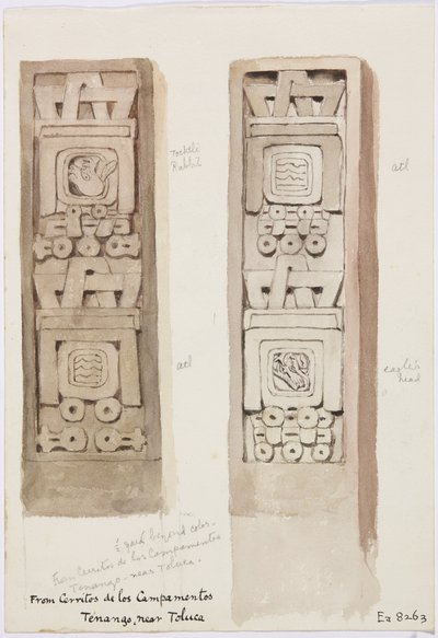 Deux colonnes montrant des reliefs en pierre, Cerritos de los Campamentos, Tenago, près de Toluca, Mexique - Adela Breton