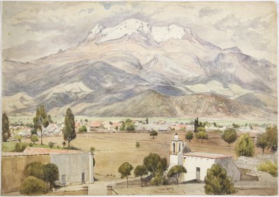 Village au premier plan et montagnes derrière - Adela Breton