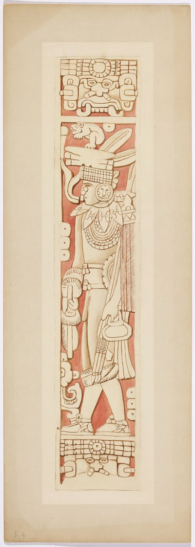 Figure de guerrier sur les montants de porte entre les chambres intérieure et extérieure du Temple supérieur des Jaguars - Adela Breton