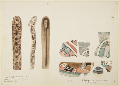 Objets en bois et en poterie tous décorés, du Cenote Sacré, Chichen Itza, Yucatan, Mexique - Adela Breton
