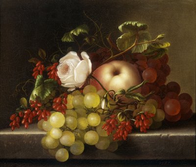 Nature morte avec pêche, raisins et cynorrhodons - Adelheid Dietrich