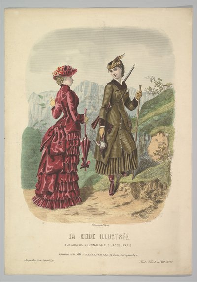 Une dame en costume de chasse avec une dame en costume de marche sur un chemin de montagne de La Mode..., 1881 - Adèle Anaïs Colin
