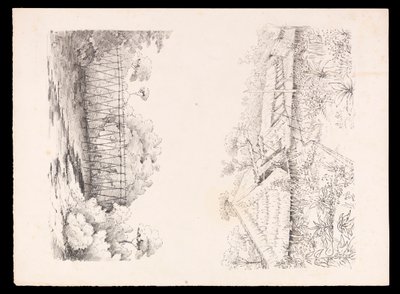 Village de la tribu Stang, Sarawak, Bornéo; et un pont de poteaux sur une rivière du carnet de croquis des Antilles, d
