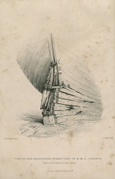 Vue du tableau arrière fracturé du H.M.S. Terror : prise sur la plage de Lough Swilly - Admiral William Henry Smyth