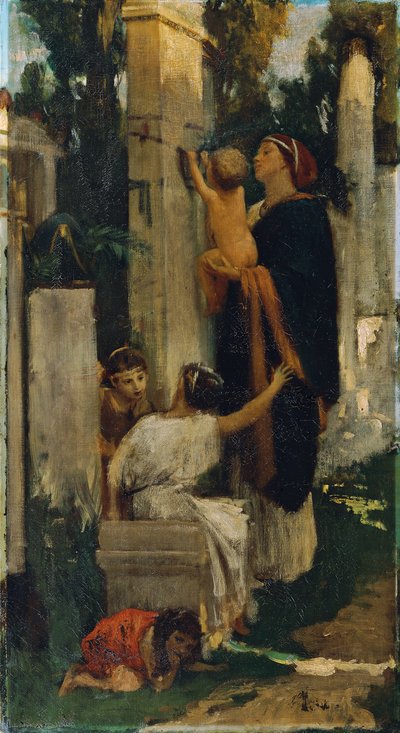 Scène de cimetière antique (Femme avec enfants décorant une tombe) - Adolf Hiremy Hirschl