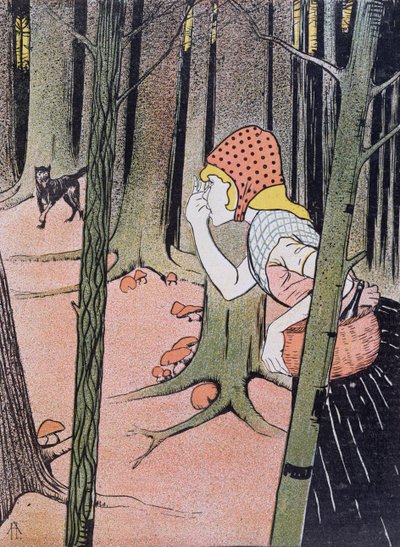 Le Petit Chaperon Rouge voit le Loup dans la Forêt, illustration tirée de Jugend publiée à Munich en 1896 - Adolf Hofer