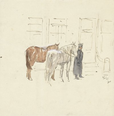 Homme avec deux chevaux devant un bâtiment - Adolf le Comte