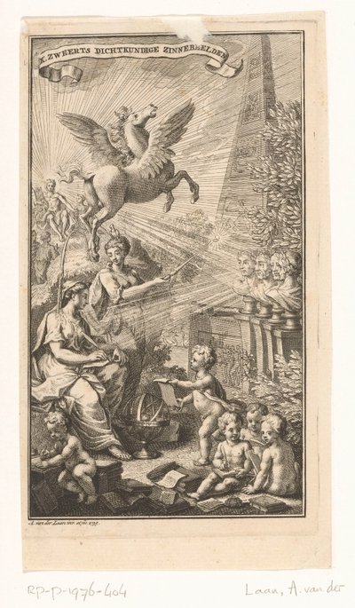 Représentation allégorique avec femme écrivant, bustes, Pégase et Apollon (page de titre pour Cornelis Sweerts, Dichtkundige zinnebeelden, 1736) - Adolf van der Laan