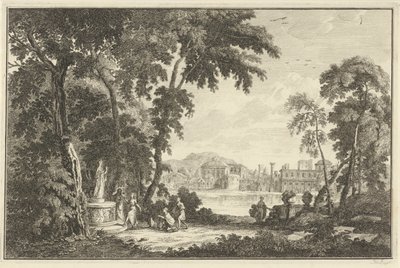 Paysage fluvial arcadien avec des figures adorant une statue - Adolf van der Laan