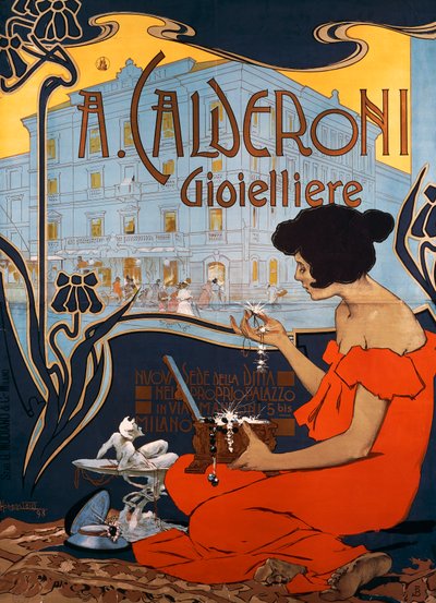 Affiche publicitaire pour les bijoutiers Calderoni à Milan - Adolfo Hohenstein