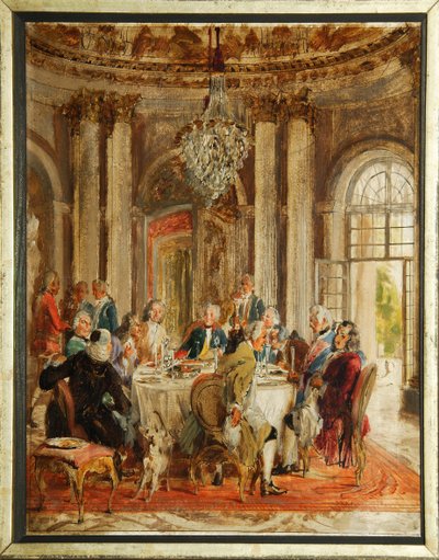 La table ronde de Frédéric II de Prusse avec Voltaire et Christoph Ludwig von Stille au palais de Sanssouci - Adolph Menzel