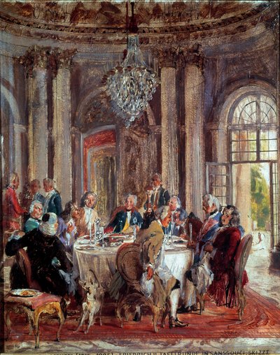 La table ronde de Frédéric II de Prusse avec Voltaire et Christoph Ludwig von Stille au Palais de Sanssouci - Adolph Menzel