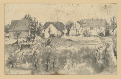 Vue de granges et de maisons de ferme, avec des arbres bas et des buissons au premier plan - Adolph Menzel