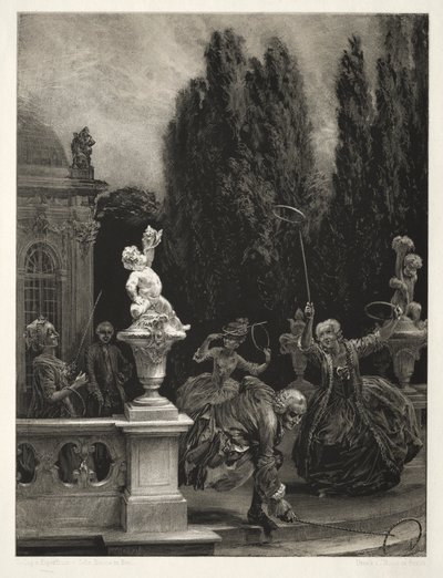 Essai sur pierre avec brosse et grattoir : Jouer aux cerceaux sur la terrasse du château, 1851 - Adolph Menzel