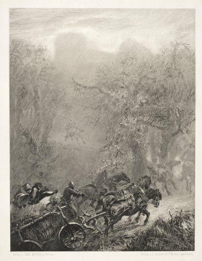 Essai sur pierre avec pinceau et grattoir : Le convoi de prisonniers à travers un bois, 1851 - Adolph Menzel