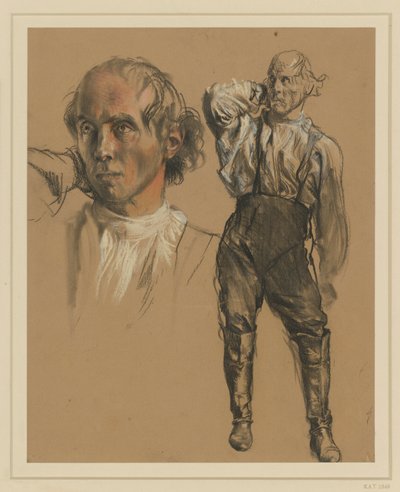 Homme en chemise, pantalon et hautes bottes, debout de face, portant la main droite à la nuque, regardant vers la gauche, à gauche : étude de tête plus grande - Adolph Menzel