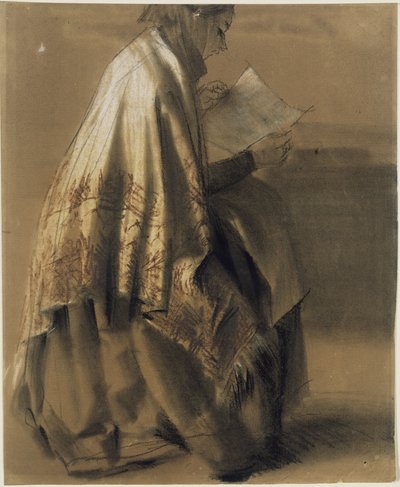 Femme assise, en train de lire, enveloppée dans un grand châle - Adolph Menzel