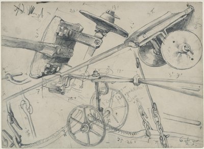 Chariot de transport avec détails et dimensions. Étude pour « La Forge. Cyclopes modernes » - Adolph Menzel
