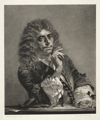 Essai sur la pierre avec pinceau et grattoir : Portrait de Molière - Adolph Menzel