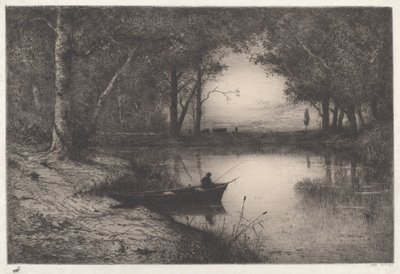 Un pêcheur dans un étang boisé au crépuscule - Adolphe Appian