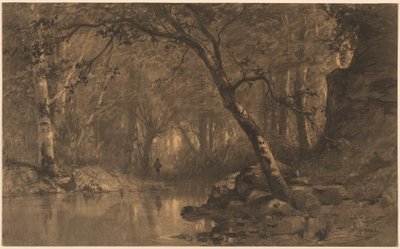 Une rivière boisée avec un pêcheur - Adolphe Appian