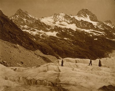 Paysage alpin, trois randonneurs sur un glacier, années 1860 - Adolphe Braun