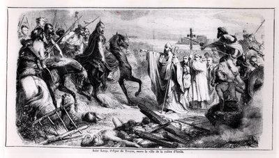 Saint Loup défendant la ville de Troyes contre Attila le Hun (c.406-453) sur son cheval, illustration d