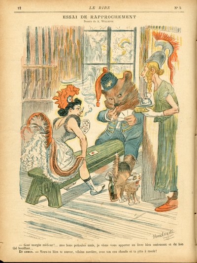 Rire, Satirique en Couleurs : Cravate de rapprochement - Jeu de cartes - Marianne, Ours, Albion Britannia - Illustration par Adolphe (Willette) (1857-1926) - Adolphe Leon Willette